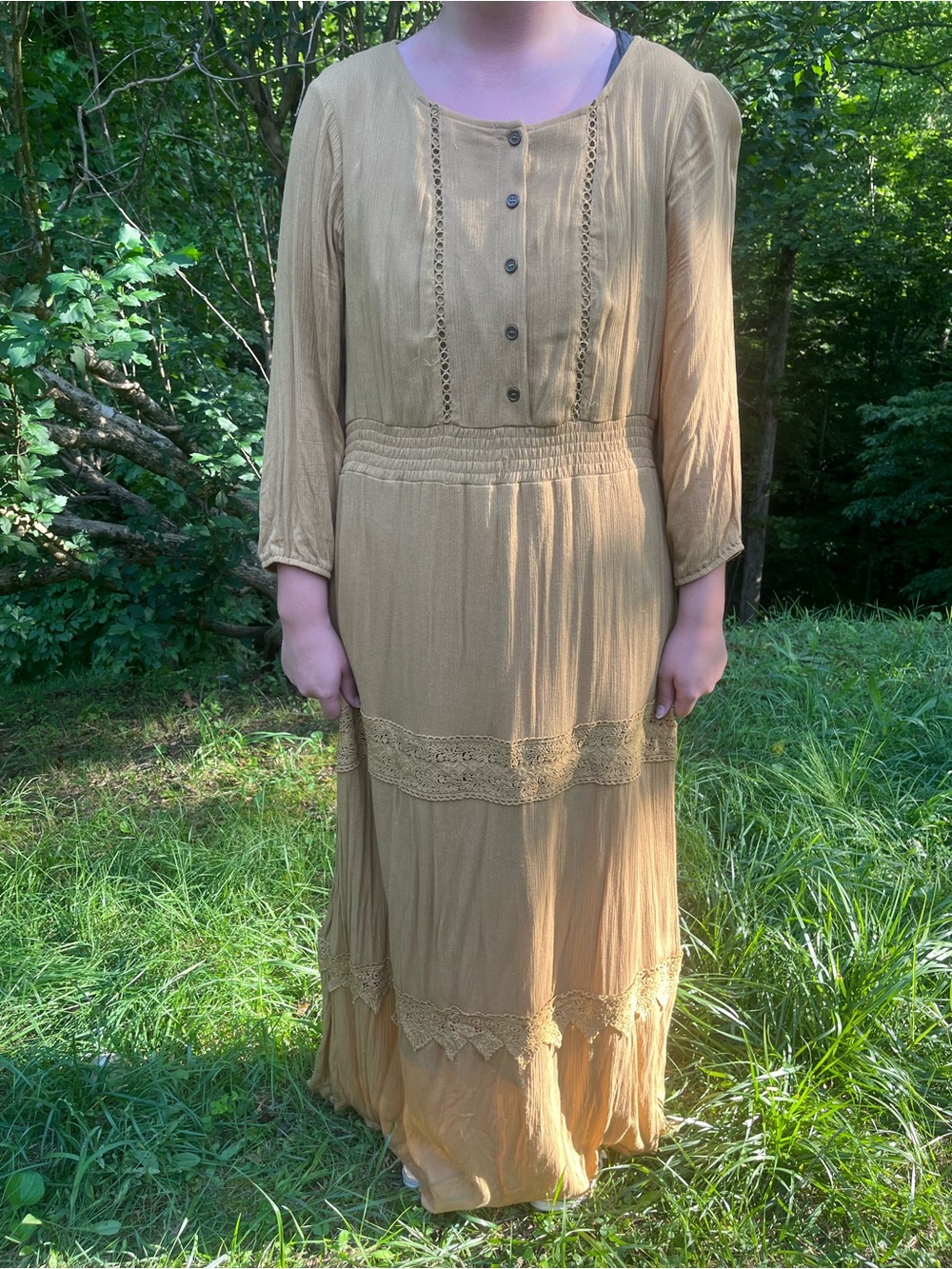 Women’s Maxi Dress in Mustard Yellow with Lace Trim